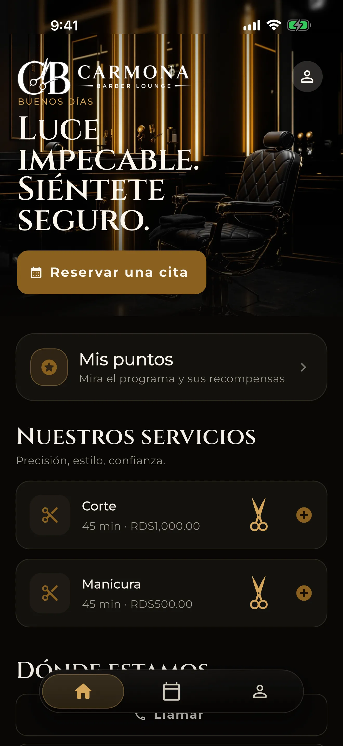 Inicio de la app de Carmona: reservar una cita y los servicios