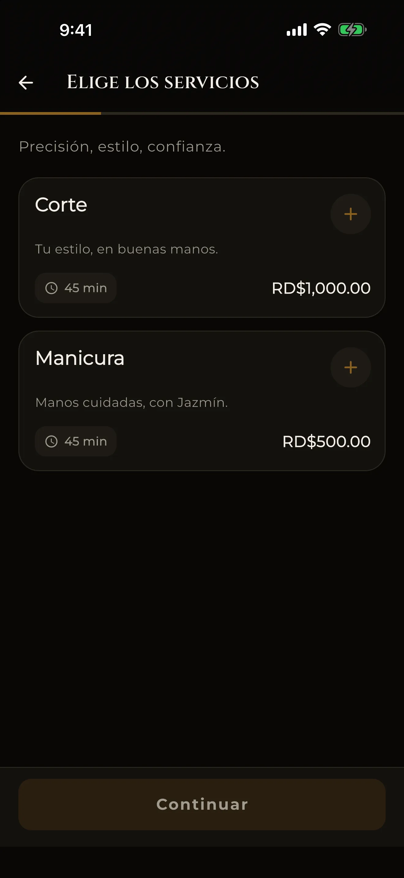 Pantalla de la app de Carmona: tu servicio, con su precio claro