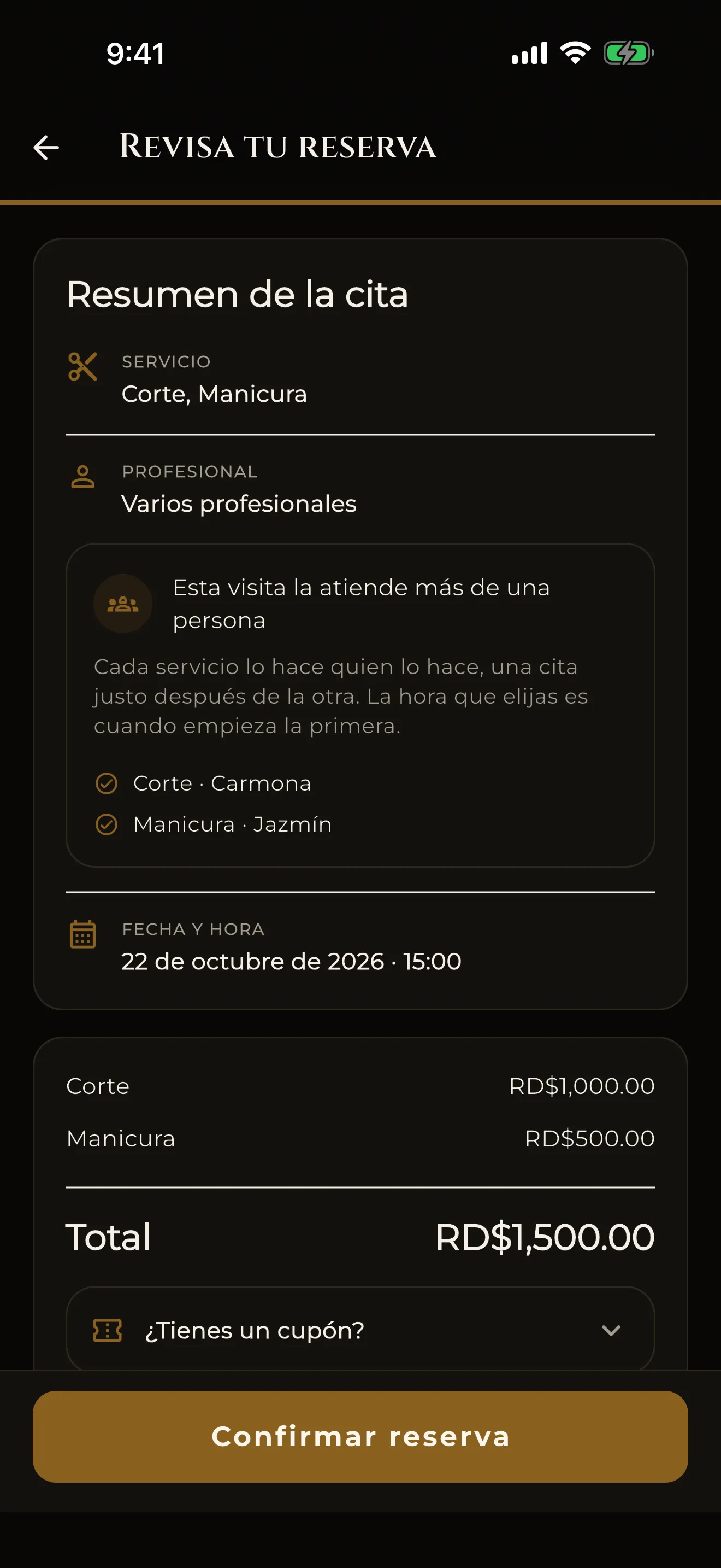 Pantalla de la app de Carmona: todo claro antes de confirmar